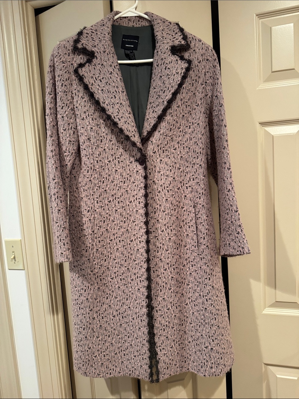 Doncaster pink and grey trenchcoat/topper, wool/mohair blend, size 12.